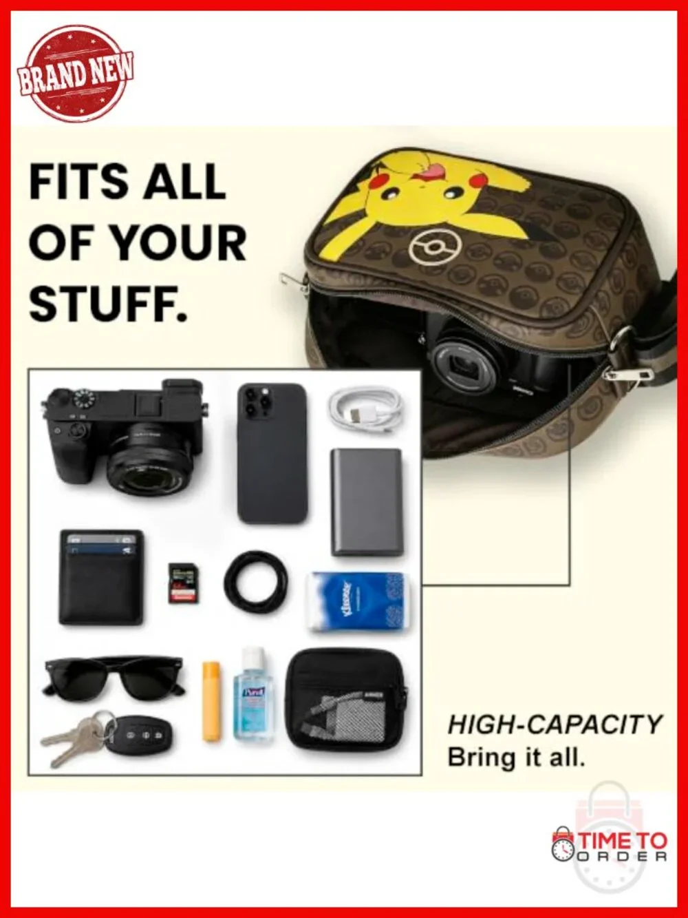 Crossbody Sling Bag with Adjustable Strap - Polyurethane Pikachu Design